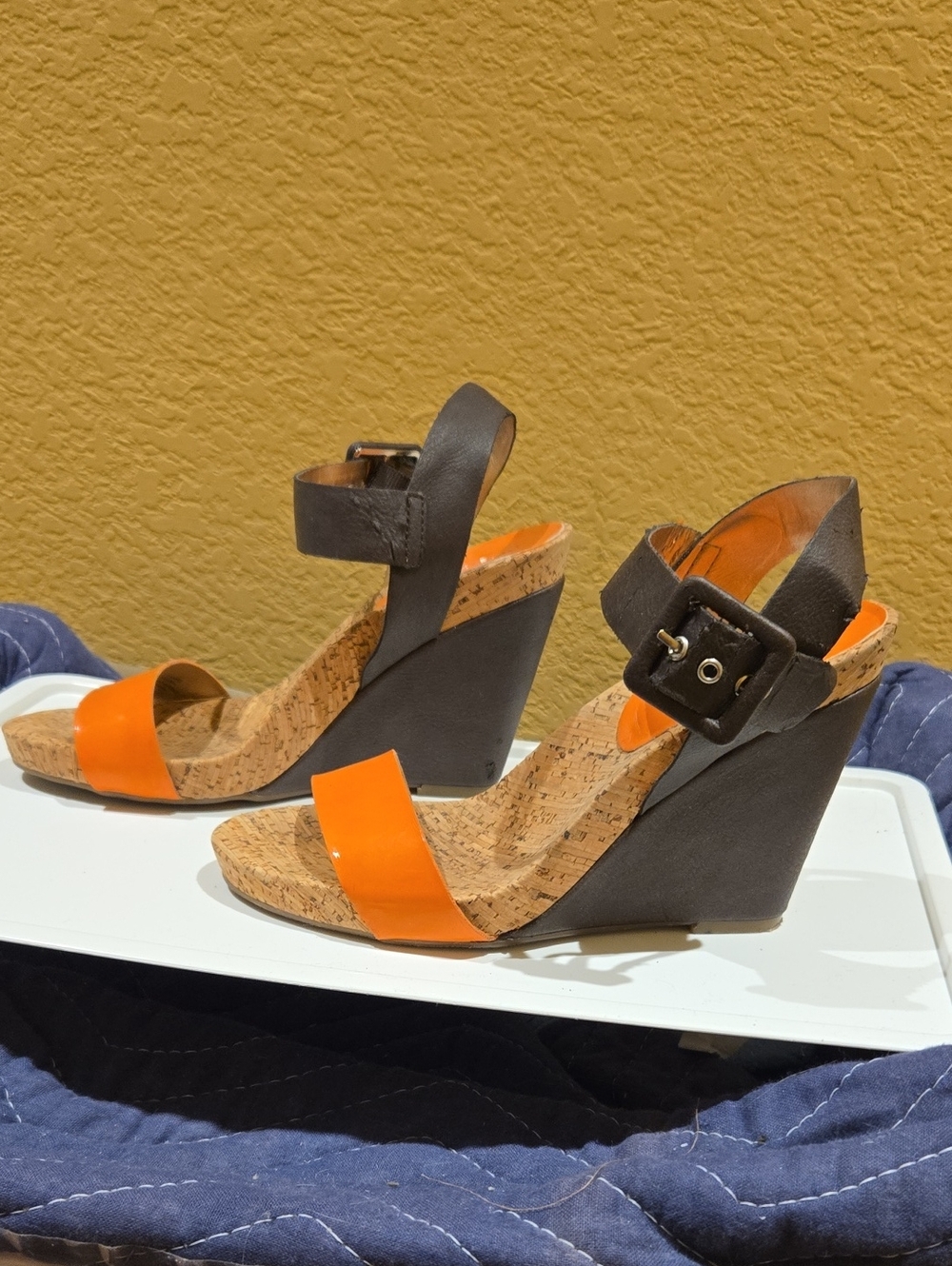 BCBG Orange Patent and Dark Gray Cork Wedge Sandals